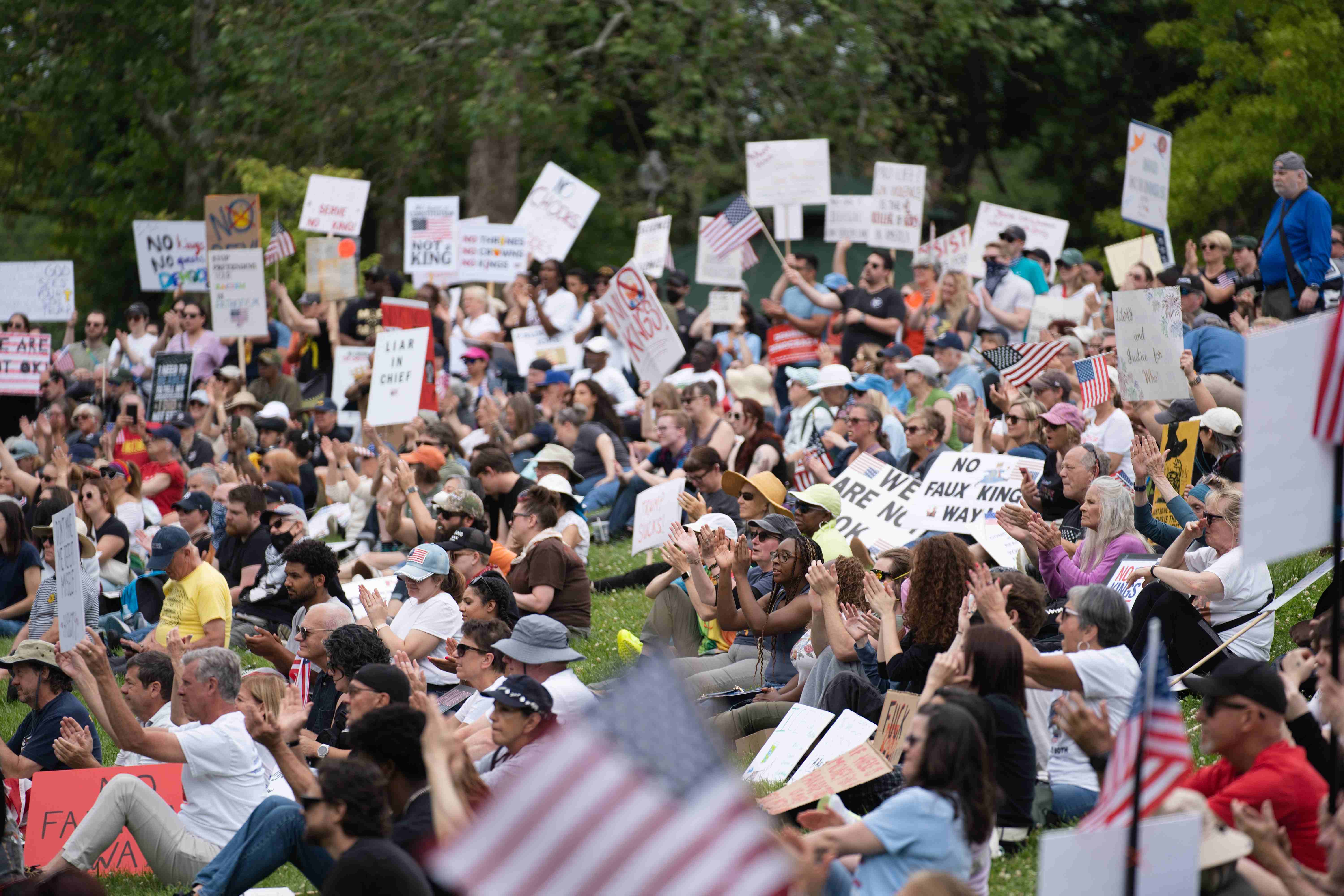 Large crowd at outdoor protest rally on grassy hillside with signs and American flags